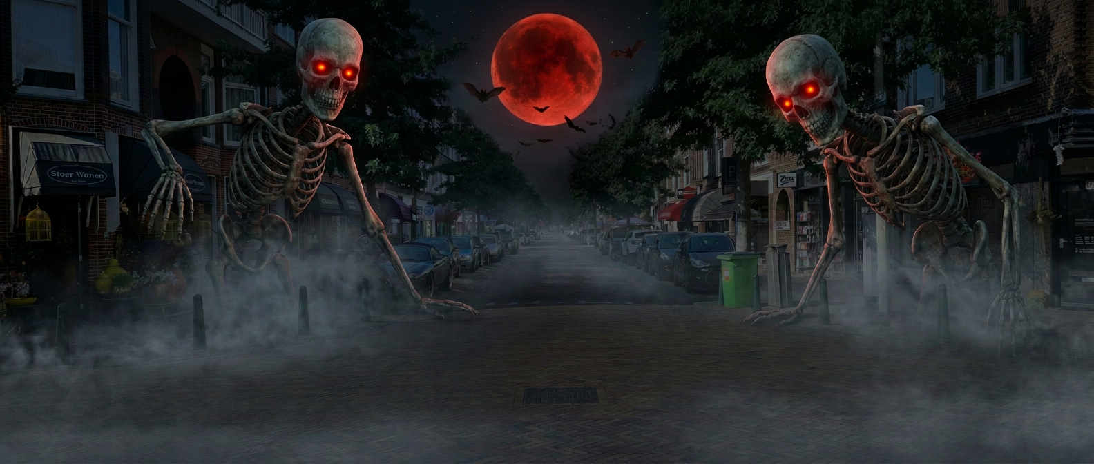 De Fahrenheitstraat bij nacht met een bloedrode maan, mist, vleermuizen en skeletten